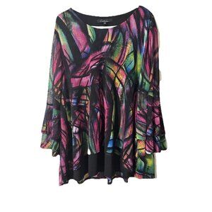 Caleoas Abstract Pink Green Pullover Blouse Layered Size 2X